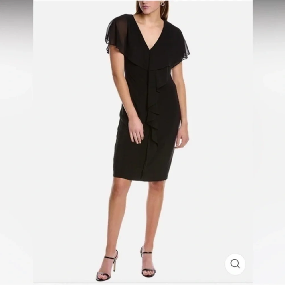 New Adrianna Papell Black Midi Dress with Ruffle Detail